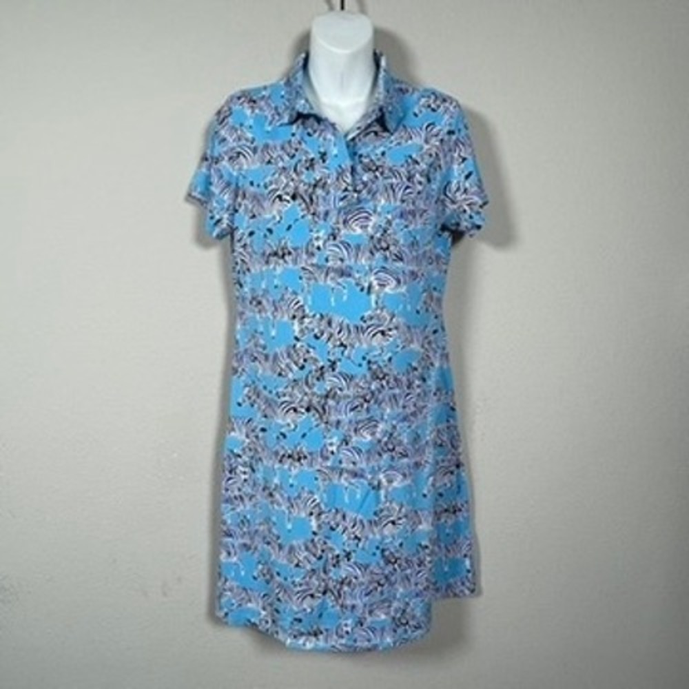 IBKÜL Zebra Print Polo Dress Womens Small Blue White Cooling Knit Athleisure